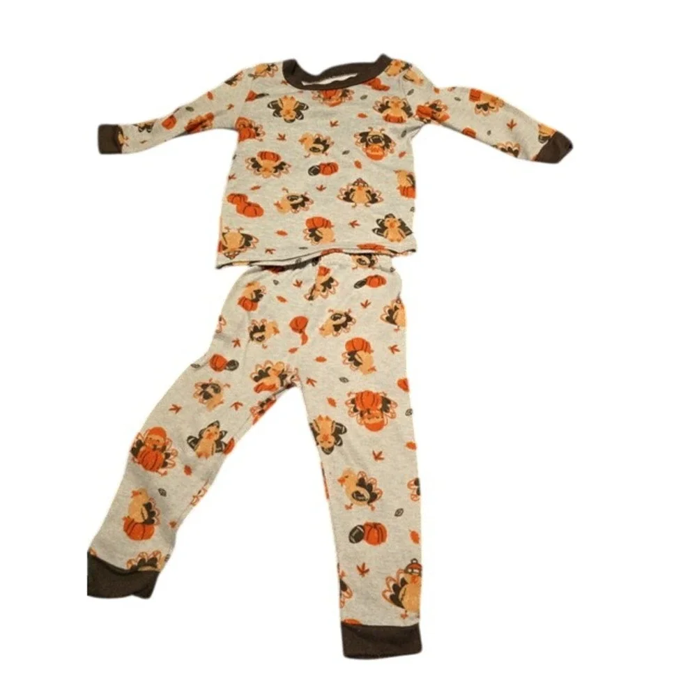 Thanksgiving Pajama Set Kids Toddler Turkey Pumpkin Football Gray Brown 2 Piece